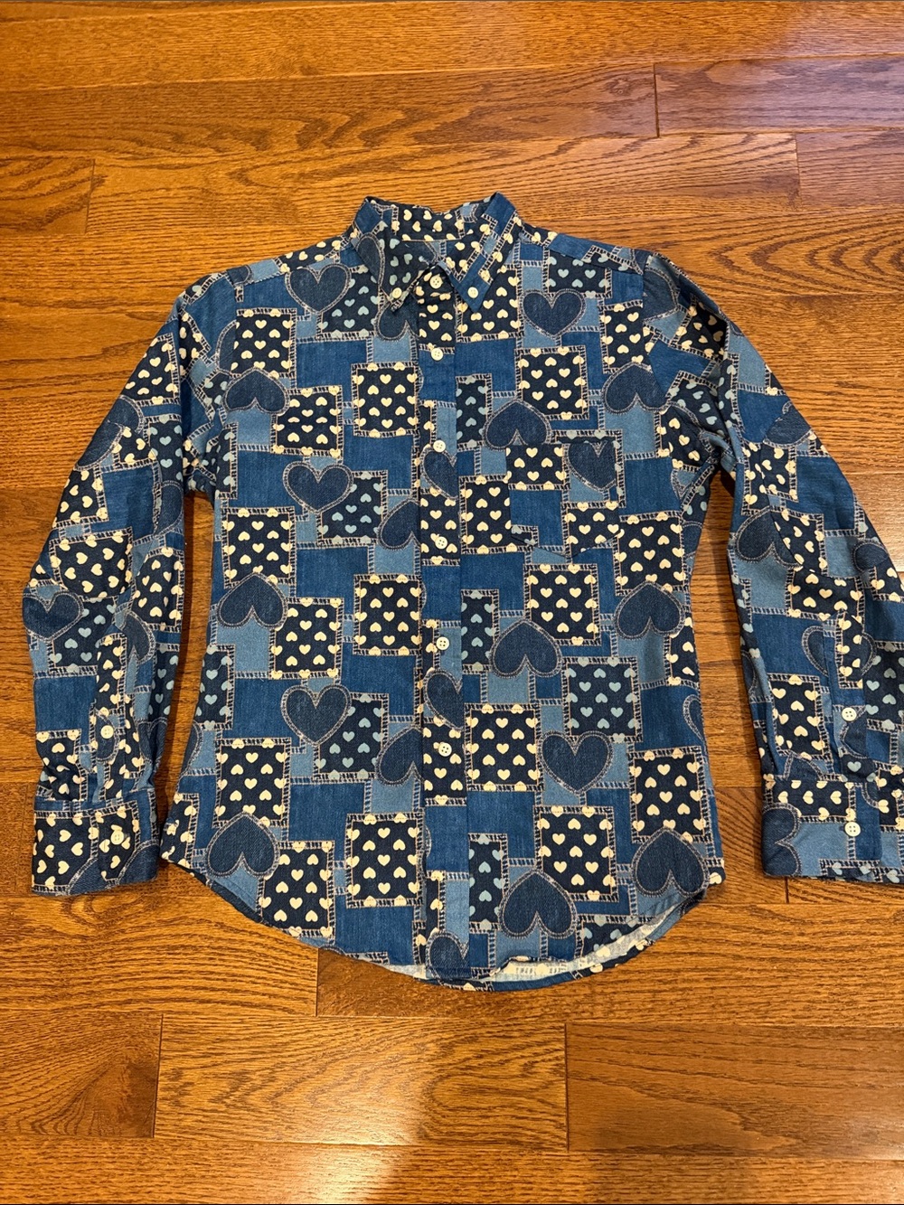 Opening Ceremony Blue Patchwork Heart-Print Button-Down Shirt